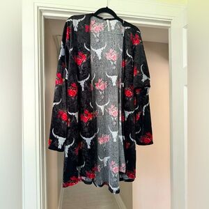 Black Floral & Bull Skull Open Cardigan Sweater